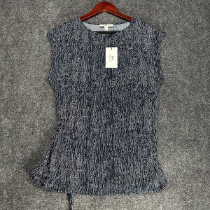 H Halston Top Womens Medium Blue Stretch Print Blouse Sleeveless Tie Belt NEW